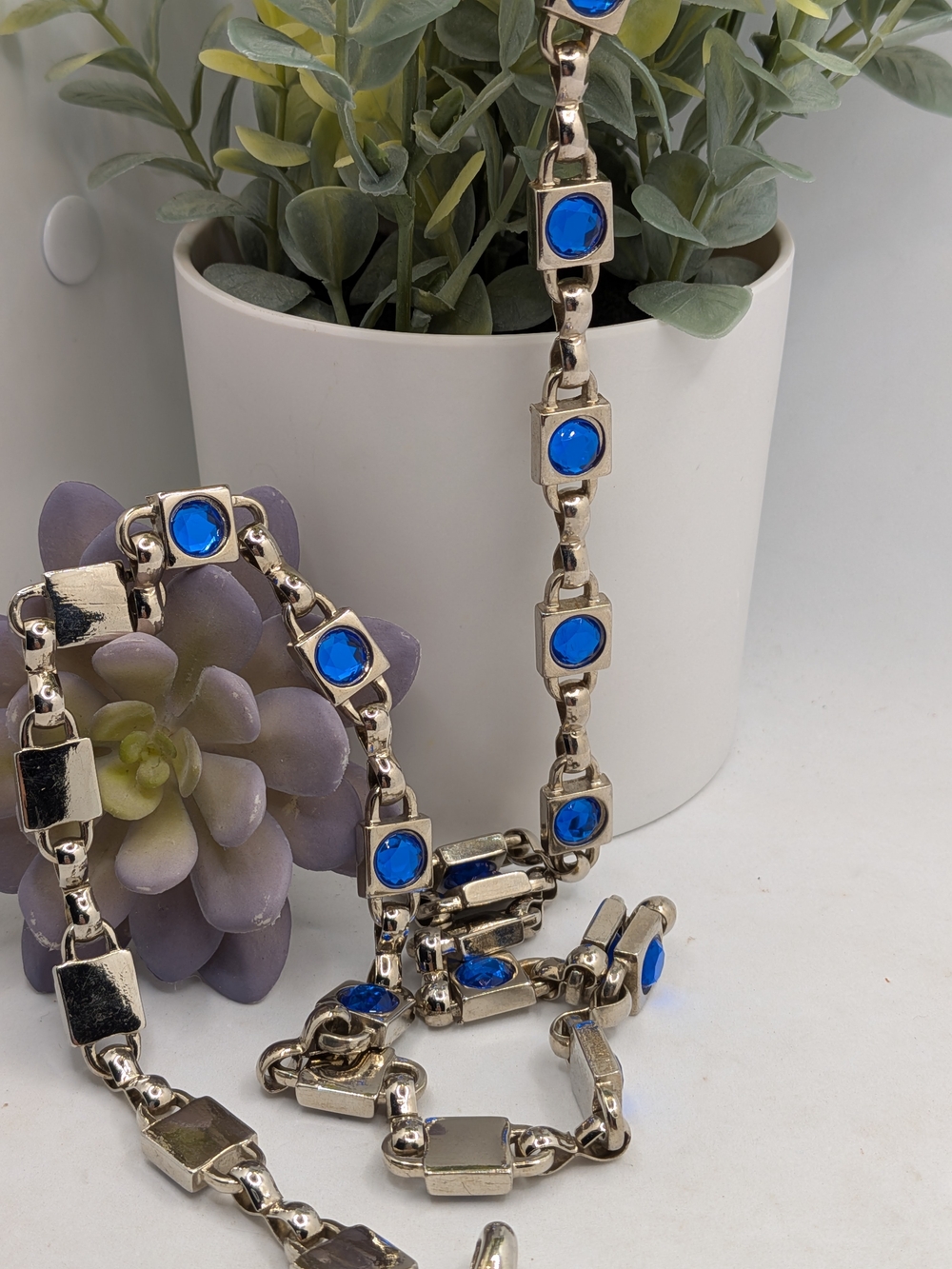 Silver-Tone Chain Belt with Blue Crystal Accents